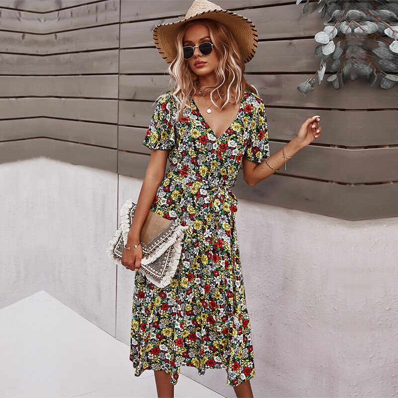 Spring New Short Sleeve Floral Dress Women Casual High Waist Sexy V Neck Print Summer Long Dress