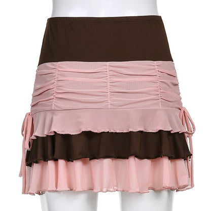 maoxiangshop Y2K Aesthetic Pleated Skirts Women Low Waist Ruffles Mini Skirt Patchwork Pink Mesh Cute Kawaii Brown Bodycon Vintage Clothes