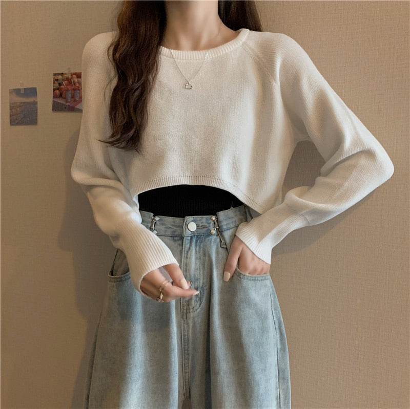 maoxiangshop New Autumn Women Solid Sweater O-Neck Loose Sweater Pullover Crop Top Sweaters Shirts Femme Knit Outwear Jumpers