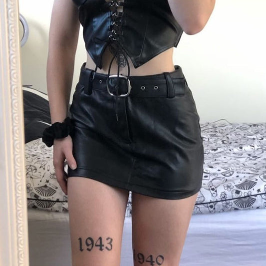 maoxiangshop Harajuku Pu Leather Black Skirt With Sashes y2k Grunge Mall Goth Low Waisted Mini Skirt Women E-girl Punk Korean Streetwear