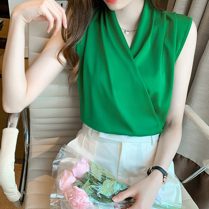 maoxiangshop Womens Tops Blouses Solid Color White Satin Blouse Office Shirt Blusas Sleeveless Women Shirts Black White Female