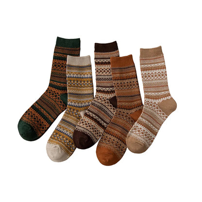 maoxiangshop 1 Pair Women Socks Spring Autumn Retro Style Men Couple Cotton Socks National Wind Stripes Pattern Khaki Solid Color Socks