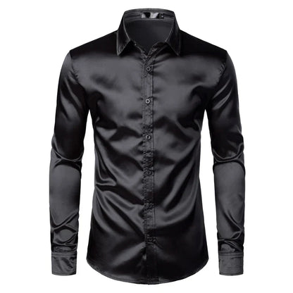 maoxiangshop Men's Black Satin Luxury Dress Shirts Silk Smooth Men Tuxedo Shirt Slim Fit Wedding Party Prom Casual Shirt Chemise Homme