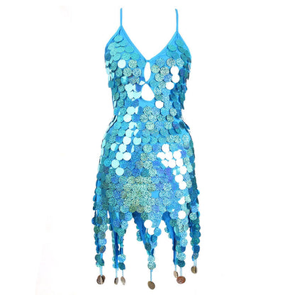 maoxiangshop Women Boho Sequin Fish Scales Tassel Dress Belly Dance Performance Sparkly Dress Festival Clothes Rave Party Costume