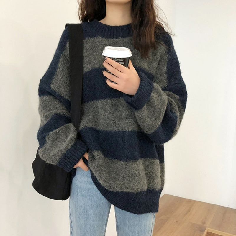 Thin Oversized Sweater Women Vintage Loose Pullover Casual Striped Sweaters Knitted Jumper Fashion Streetwear Sueter Mujer