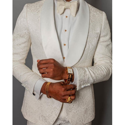 maoxiangshop Ivory Floral Jacquard Wedding Tuxedo for Groomsmen 2 piece Slim fit Men Suits with Shawl Lapel African Male Fashion Costume