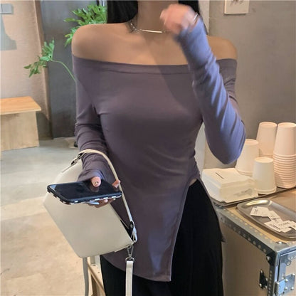 maoxiangshop New Women's Slim Off-shoulder Full Sleeve T-shirts Girls Solid Stretchy Irregular Split Tshirt Tops Slash Neck Tees
