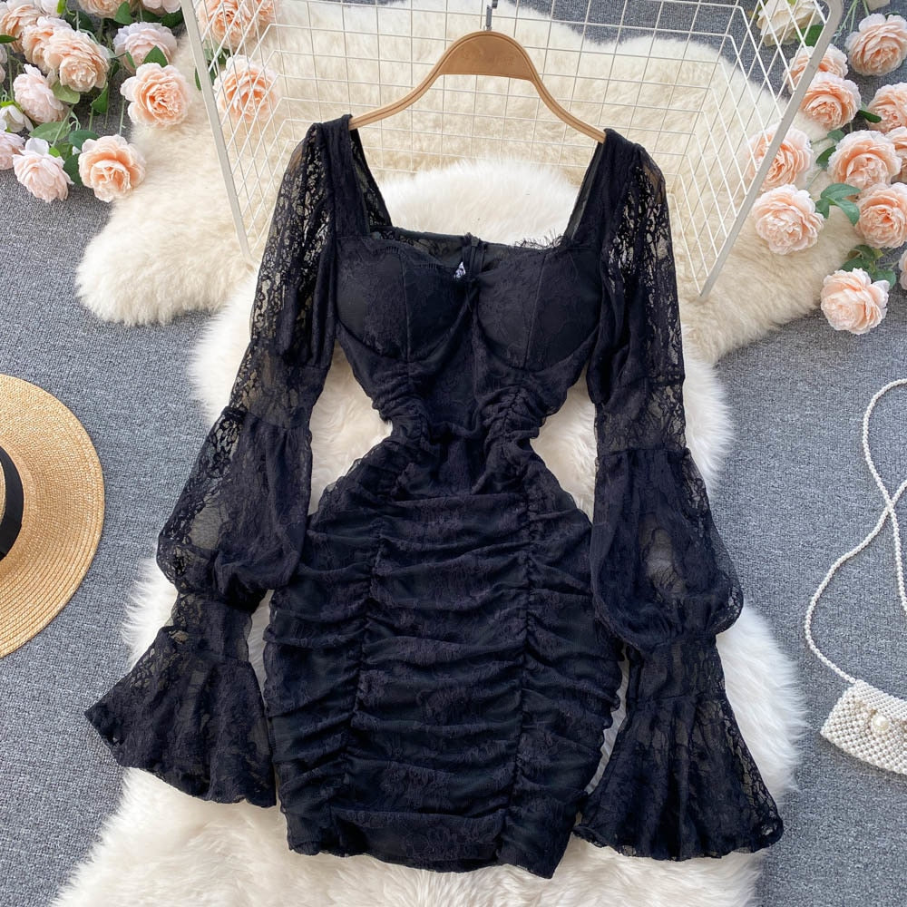 maoxiangshop French Elegant Women Floral Lace Fairy Dress Sexy Hollow Out Long Flare Sleeve Padded Square Collar Ruched Mini Party Dress Robe