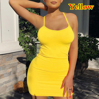 maoxiangshop Sexy Spaghetti Strap Camisole Mini Dress Women Bodycon Club Party Dresses Summer New Pure Color Sundress Plus Size XS-5XL