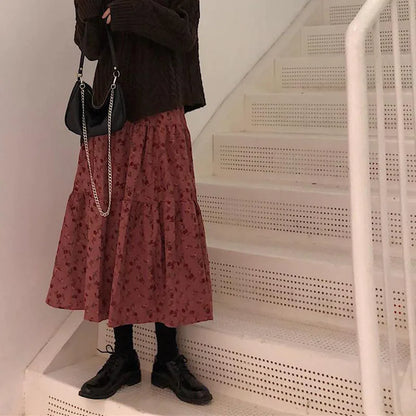 Lucyever High Waist Autumn Winter Long Skirts Women Elegant Flower Printed Midi Skirt Female Vintage Streetwear Pleated Skirt