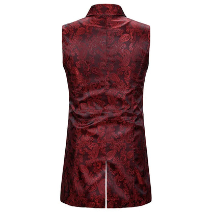maoxiangshop Wine Red Paisley Jacquard Long Vest Men Double Breasted Lapel Brocade Vest Waistcoat Mens Gothic Steampunk Sleeveless Tailcoat
