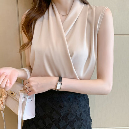 maoxiangshop Womens Tops Blouses Solid Color White Satin Blouse Office Shirt Blusas Sleeveless Women Shirts Black White Female