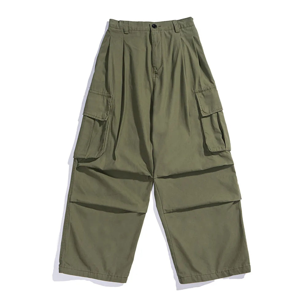 maoxiangshop Multi-Pocket Cargo Pants Mens Safari Style Solid Color Pleated Loose Straight-leg Pants Elastic Waist Casual Trousers Men