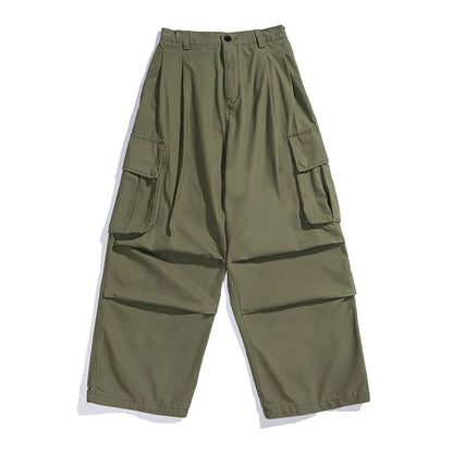 maoxiangshop Multi-Pocket Cargo Pants Mens Safari Style Solid Color Pleated Loose Straight-leg Pants Elastic Waist Casual Trousers Men