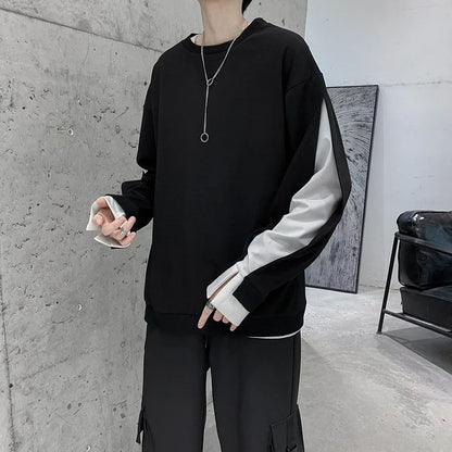 maoxiangshop Autumn Winter Long Sleeve Men T Shirts Clothes Black White Patchwork Fake Two Cool Fashion Tops Oversized Korean Style Side Slit