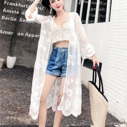 maoxiangshop Women Blouse Sun Protection Outerwear Fashion Long Flare Sleeve Mesh Embroidery Thin Loose Party Holiday Maiden Outerwear Sexy