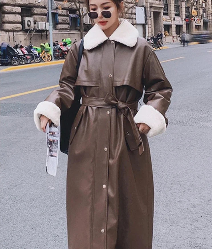 maoxiangshop Winter Long Warm Thick Leather Trench Coat for Women with Faux Fur Inside Belt Loose Korean Fashion Fur Lined Parka