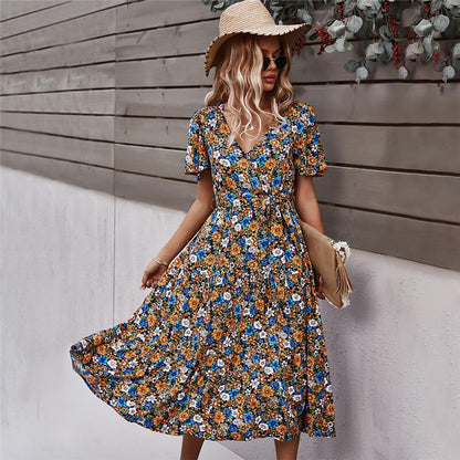 Spring New Short Sleeve Floral Dress Women Casual High Waist Sexy V Neck Print Summer Long Dress