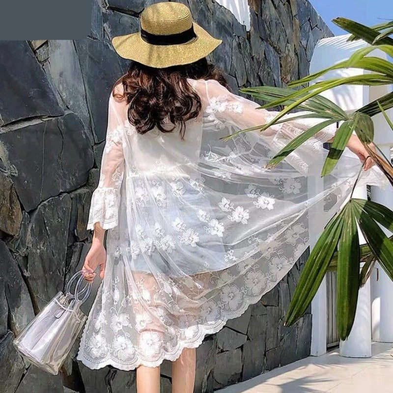 maoxiangshop Women Blouse Sun Protection Outerwear Fashion Long Flare Sleeve Mesh Embroidery Thin Loose Party Holiday Maiden Outerwear Sexy