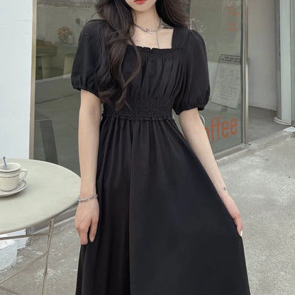 Black Vintage Midi Dress Elegant Women Dresses Square Collar Puff Sleeve Oversized Loose Casual Sundress Female Robe