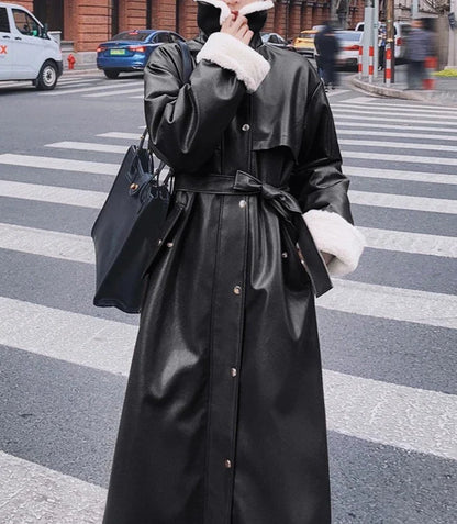 maoxiangshop Winter Long Warm Thick Leather Trench Coat for Women with Faux Fur Inside Belt Loose Korean Fashion Fur Lined Parka