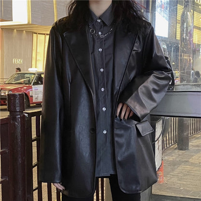 maoxiangshop Korean Black Leather Moto Jacket Vintage Warm Female Loose Leather Suit Blazers Streetwear Fashion Women's Winter Coat New