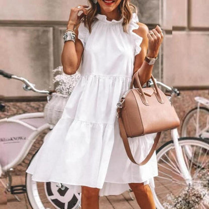 maoxiangshop Fashion Ruffles Collar White Loose Beach Woman Dress Summer Casual Boho Sleeveless Big Hem Ladies Dresses For Women Robe