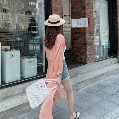 maoxiangshop Women Blouse Sun Protection Fashion Long Lantern Sleeve Outerwear Sheer All-match Thin Beach Street Comfort Korean Style Leisure