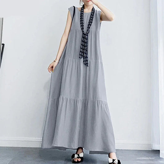 maoxiangshop Stylish Women's Ruffle Sundress Solid Summer Dress Casual Sleeveless Maxi Vestidos Female O neck  Robe Oversized