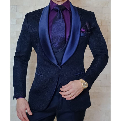 maoxiangshop Navy Blue Floral Jacquard Men Suits Slim Fit with Shawl Lapel 3 Piece Custom Wedding Tuxedo for Groomsmen Male Fashion Costume