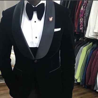 maoxiangshop Black Velvet Wedding Tuxedo 3 Piece African Men Suits for Winter Slim Fit Groom Male Fashion Costume Jacket Waistcoat with Pants