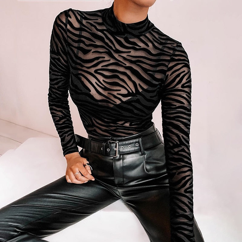 maoxiangshop Black Mesh Transparent Sexy Bodysuit Long Sleeve Slim Skinny Stripe Mock Neck Casual Rompers Women Lady Party Club Body