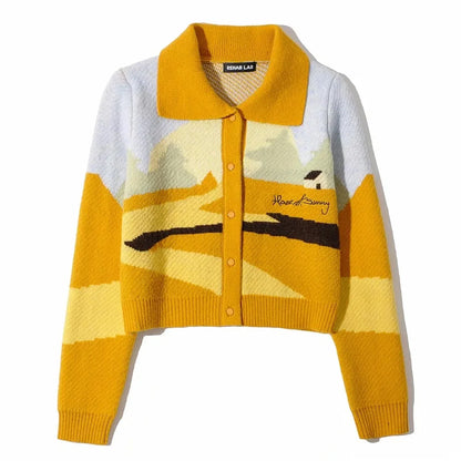 maoxiangshop  -  Letter Embroidery Harajuku Knitted Single Breasted Cropped Cardigan Women Autumn Long Sleeve Turn Down Collar Sweater Coat