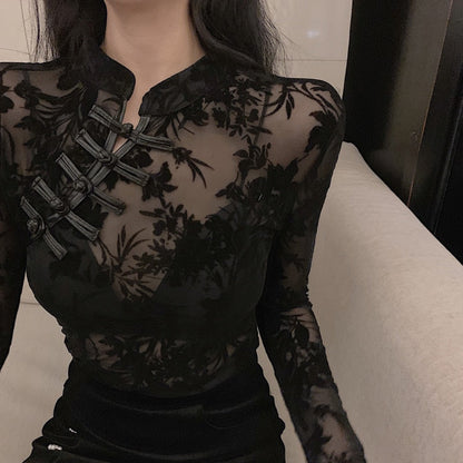 maoxiangshop Girls Transparent Lace Blouses Shirts Tees Female Chinese Style Turtleneck Vintage Full Sleeve Black Blouses Tops For Women