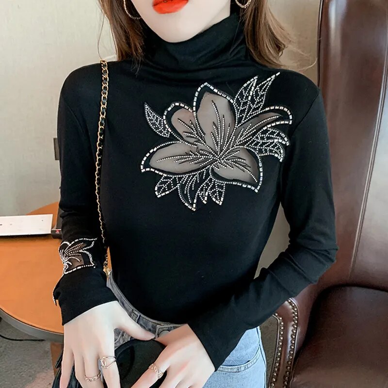 maoxiangshop Spring Autumn New Women's Tops Shirt Fashion Casual Turtleneck Long Sleeve Hollow Out Hot Drilling Mesh T-Shirt M-3XL