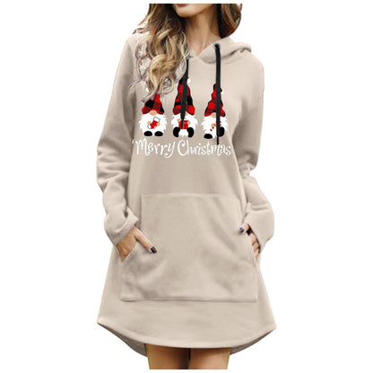 maoxiangshop Women Christmas Sweatshirts Casual Solid Color Printing Pullover Hooded Pocket Long Sleeve Dress Платье #8