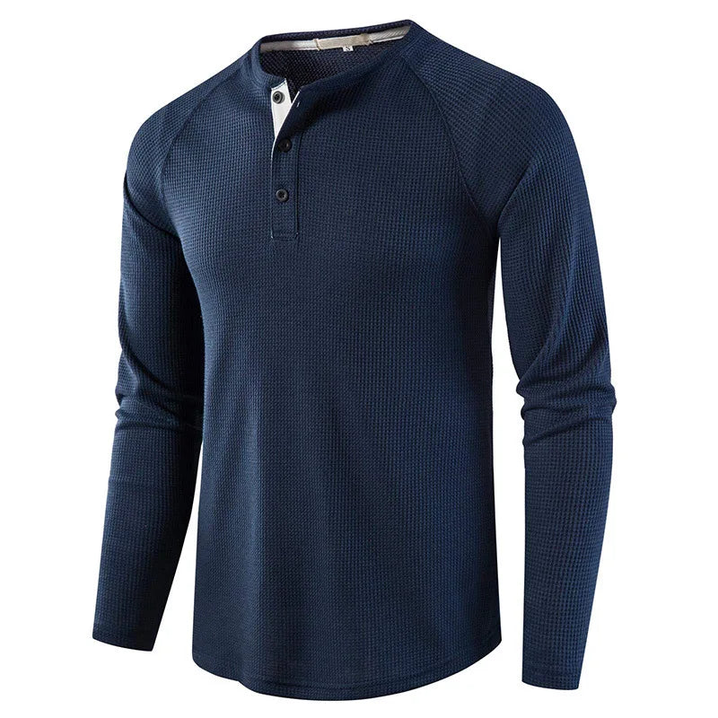 maoxiangshop Fashion Waffle Cotton T Shirt Men Spring New Slim Fit Long Sleeve Henley Tshirt Men Streetwear Casual Solid Color T-Shirt
