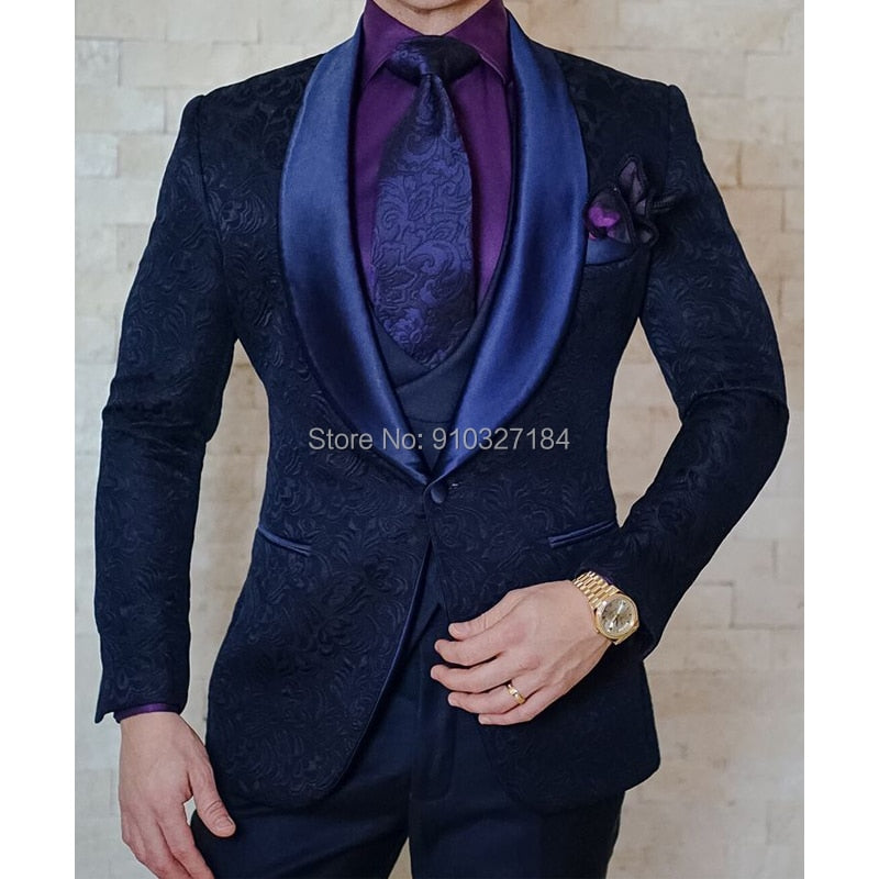 maoxiangshop Navy Blue Floral Jacquard Men Suits Slim Fit with Shawl Lapel 3 Piece Custom Wedding Tuxedo for Groomsmen Male Fashion Costume