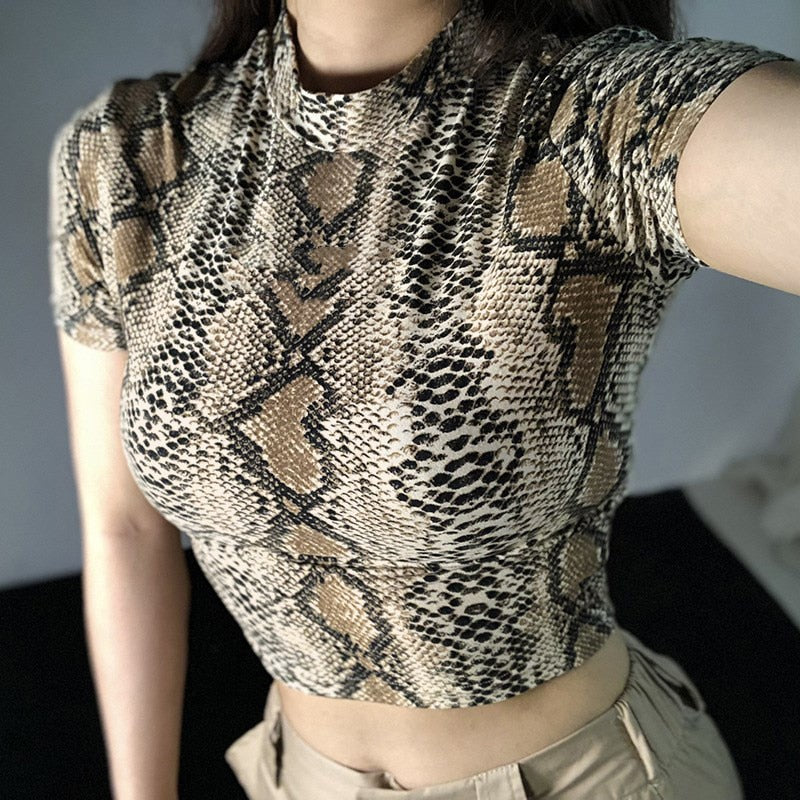 maoxiangshop Sexy Crop Top Women Snake Print Tank Top Slim Primer High Collar Vest Harajuku Crop Tank Top T Shirt Femme Girls Camis Tops