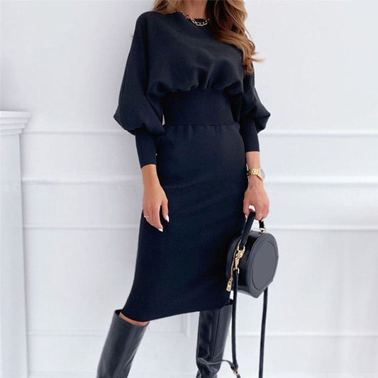 maoxiangshop Fashion O-neck Long Sleeve Pencil Dress Women Autumn Winter Black Pink Bodycon Elegant Office Woman Dresses Robe Femme