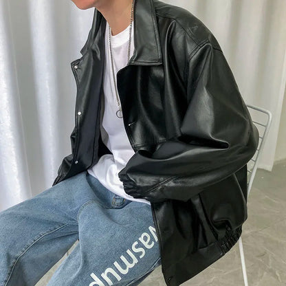 maoxiangshop Spring New Loose Soft Leather Jacket Single Breasted Jacket Men Casual Biker Jacket Men Jacket Leather Large Size XXL
