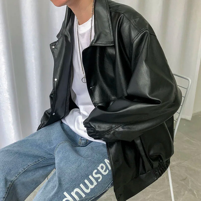 maoxiangshop Spring New Loose Soft Leather Jacket Single Breasted Jacket Men Casual Biker Jacket Men Jacket Leather Large Size XXL