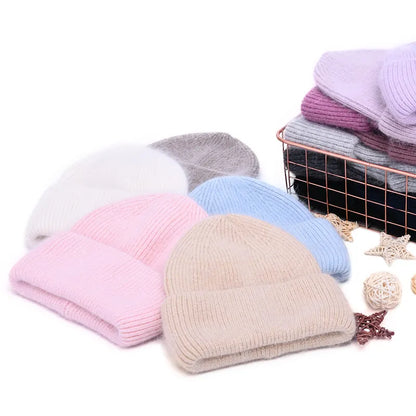 maoxiangshop Casual Women's Hat Real Rabbit Fur Beanie Ladies Autumn Winter Cashmere Hats Three Fold Thick Knitted Girls Skullies Beanies Cap