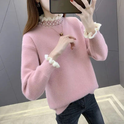 maoxiangshop Autumn Winter Thick Sweater Women Knitted Ribbed Pullover Sweater Long Sleeve Fasion Slim Jumper Soft Warm Pull Femme