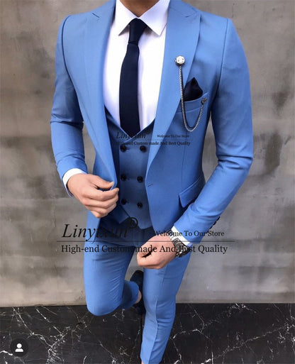 maoxiangshop Fashion Men Suits Blue Groom Tuxedo Slim Fit Groomsmen Wedding Blazer Blue Prom Banquet 3 Piece Terno Masculino Jacket+Pant+Vest