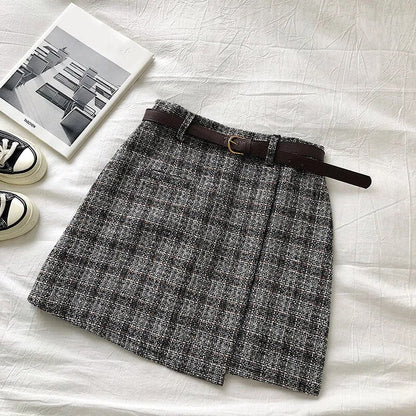 maoxiangshop Korean Irregular Lady Skirt Female Autumn Sweet High Waist A-line Mini Skirt Belt Vintage Casual Women Plaid Skirt Sashes