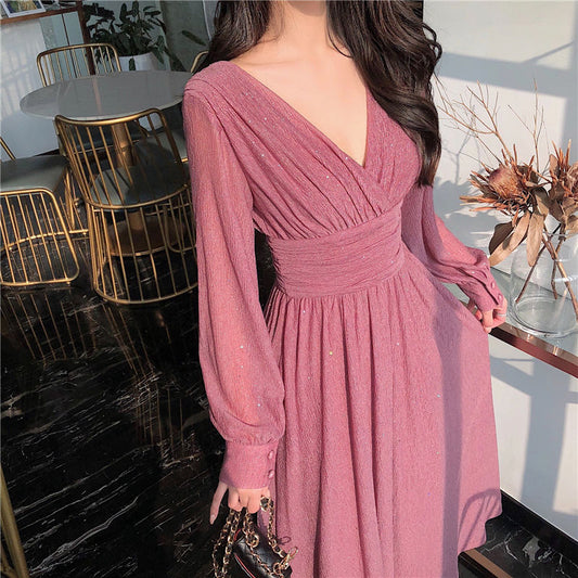 maoxiangshop Solid Elegant Dress Women Autumn Sequin Party Midi Dress Female Casual Chiffon Slim Korean Dress Autumn Women's Clothing