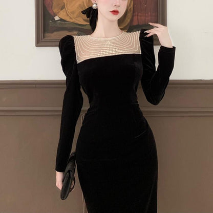 maoxiangshop Black Elegant Evening Midi Dress Women Bodycon France Vintage Velvet Party Dress Ladies Korean Fashion Chic Dresses Autumn