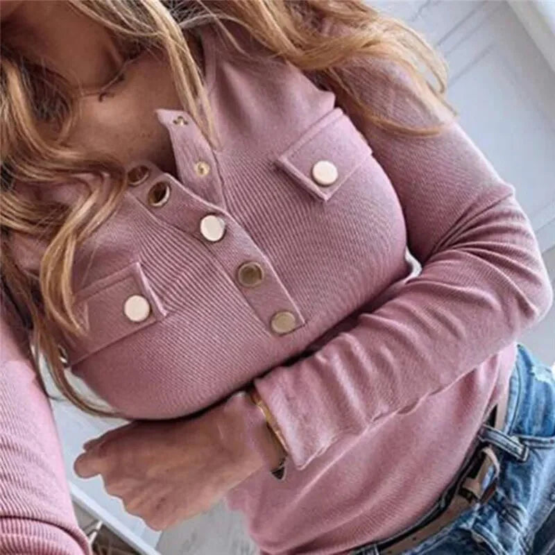 maoxiangshop Women Autumn Knitted Sweater O Neck Pullover Long Sleeve T shirt Loose Leisure Elegant Buttons feminina Tee Female Tops