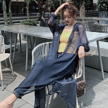 maoxiangshop Women Blouse Sun Protection Fashion Long Lantern Sleeve Outerwear Sheer All-match Thin Beach Street Comfort Korean Style Leisure